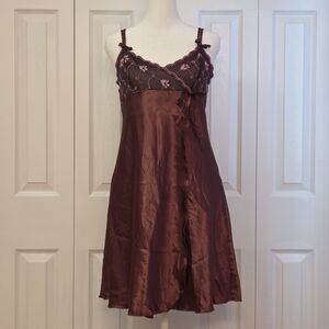 Romantic Y2K Euro Burgundy Sheer Floral Babydoll Slip Dress; Luna Carina, Size S